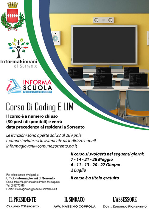 Sorrento, aperte le iscrizioni per il corso di coding e Lim